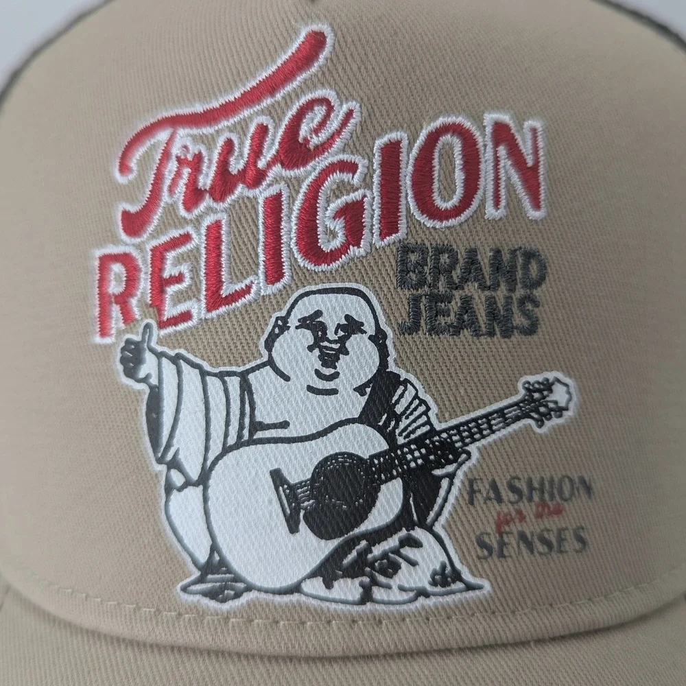 True Religion Buddha Embroidered Trucker‎ Hat Travertine Tan Black TR4241 NWT